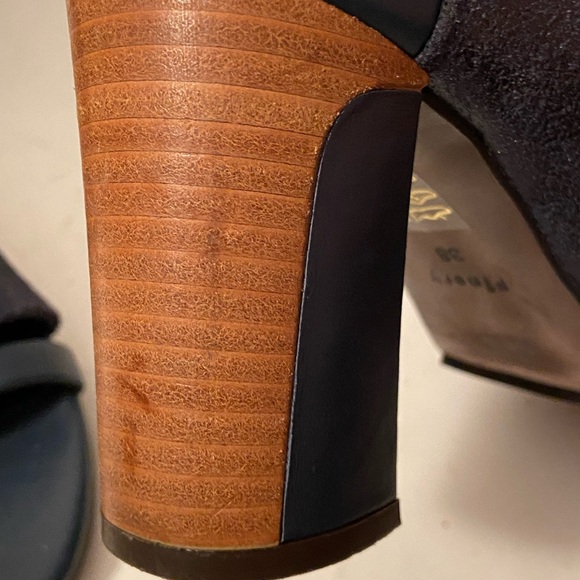 Finery London Open Toe Navy Wet Metallic Leather Booties Block High Heels 38/7.5 - Picture 9 of 9